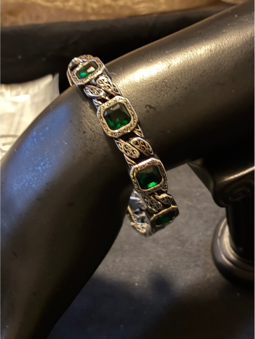Men's Vintage Oxidized Silver Curb Link Bracelet with Emerald-Green Gemstones 8”